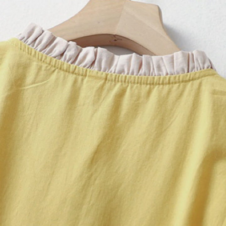 Camisa de lino y algodón de media manga con diseño de cuello con volantes y botones de rana para mujer con Buddha Stones - image 3