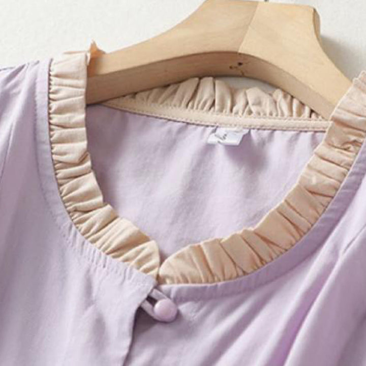 Camisa de lino y algodón de media manga con diseño de cuello con volantes y botones de rana para mujer con Buddha Stones - image 9