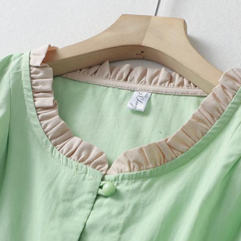 Camisa de lino y algodón de media manga con diseño de cuello con volantes y botones de rana para mujer con Buddha Stones - image 14