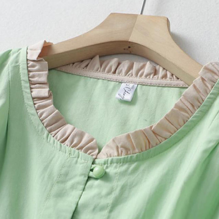 Camisa de lino y algodón de media manga con diseño de cuello con volantes y botones de rana para mujer con Buddha Stones - image 14