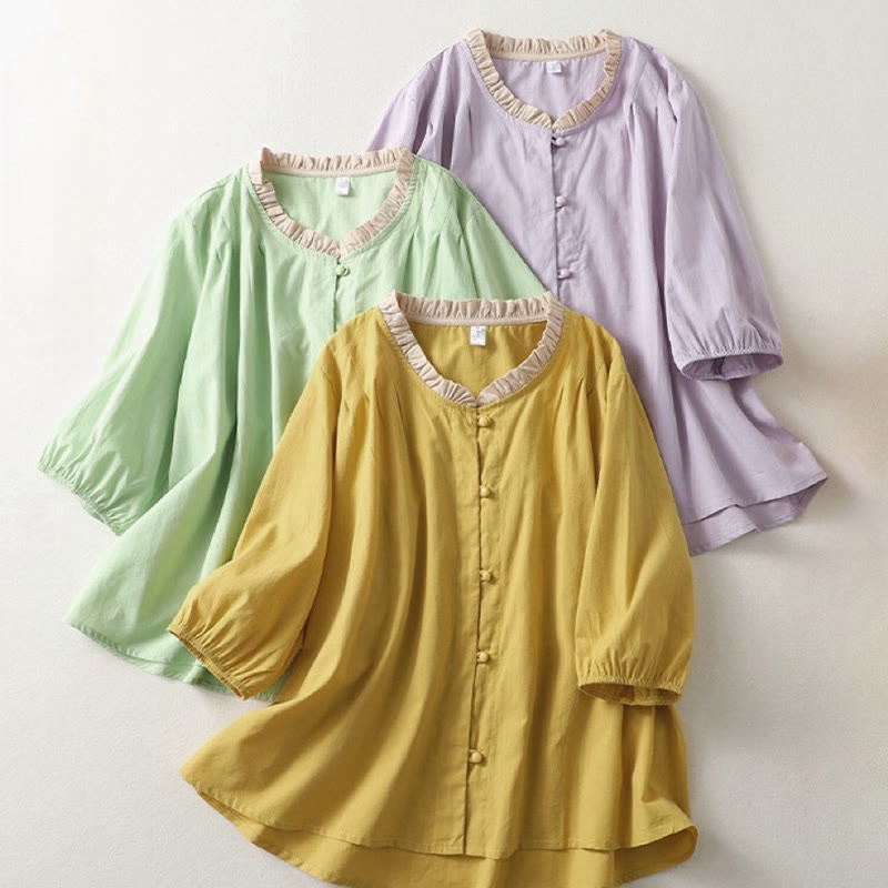 Camisa de lino y algodón de media manga con diseño de cuello con volantes y botones de rana para mujer con Buddha Stones - image 20