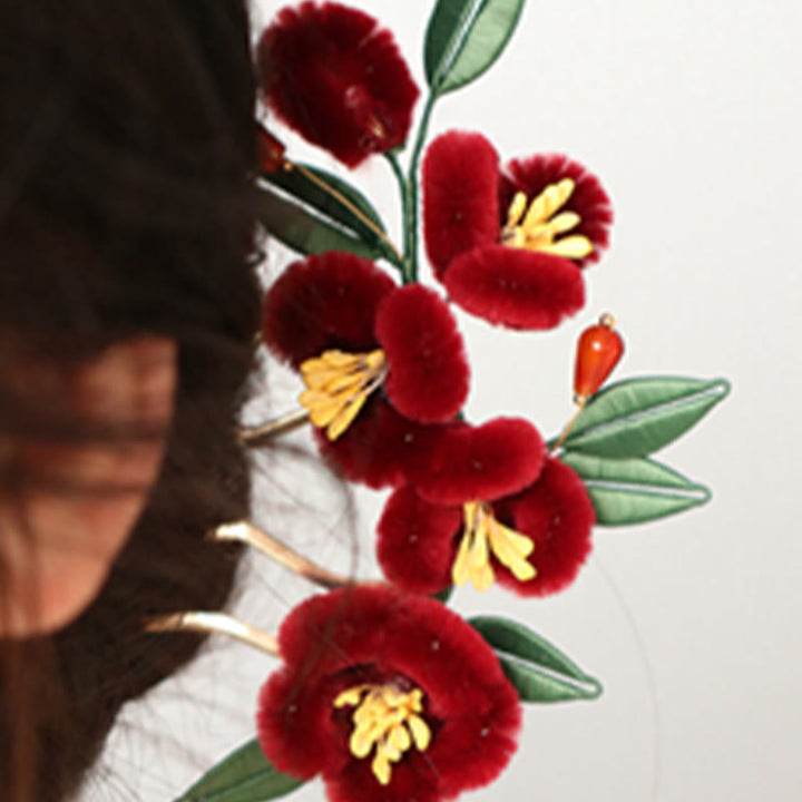 Horquilla para el pelo con diseño clásico chino de Buddha Stones, flor roja, mariposa azul, pasador para el pelo