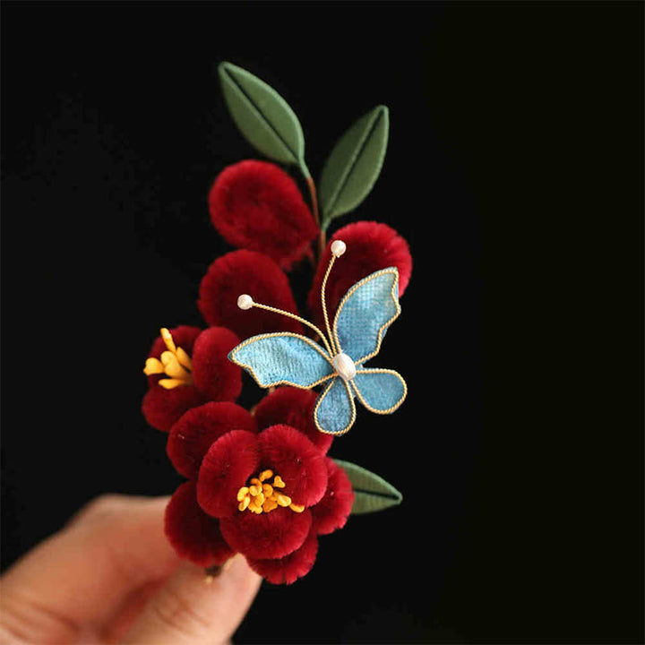 Horquilla para el pelo con diseño clásico chino de Buddha Stones, flor roja, mariposa azul, pasador para el pelo