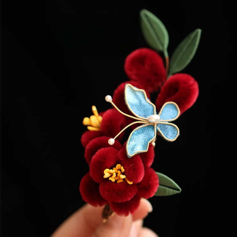 Horquilla para el pelo con diseño clásico chino de Buddha Stones, flor roja, mariposa azul, pasador para el pelo
