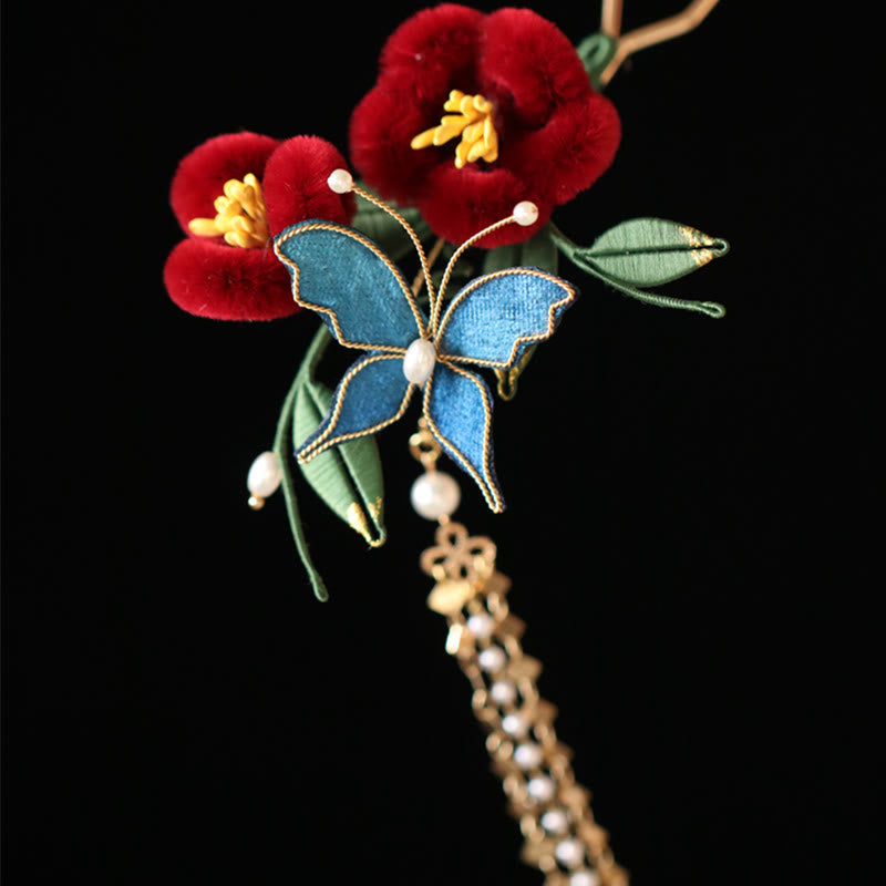 Horquilla para el pelo con diseño clásico chino de Buddha Stones, flor roja, mariposa azul, pasador para el pelo