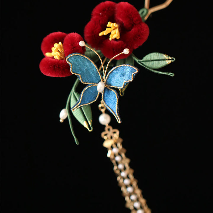 Horquilla para el pelo con diseño clásico chino de Buddha Stones, flor roja, mariposa azul, pasador para el pelo