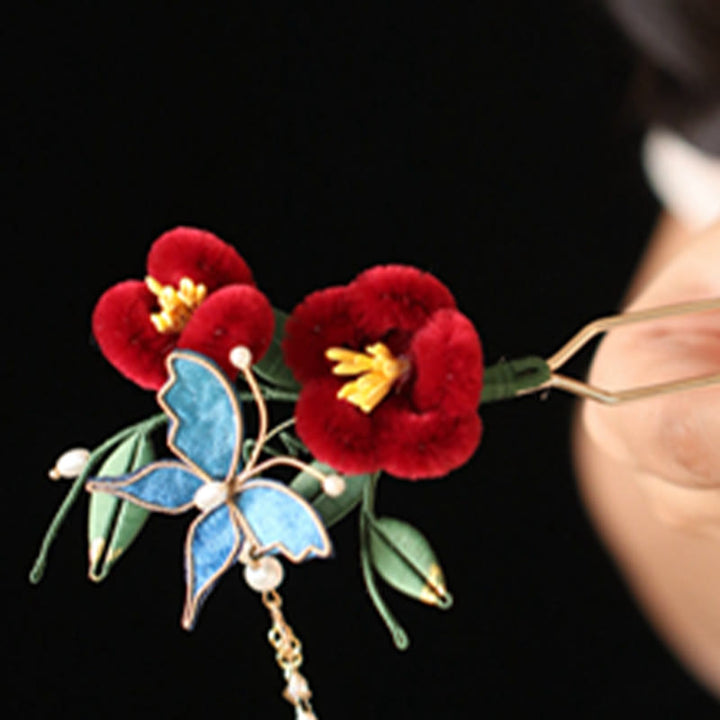 Horquilla para el pelo con diseño clásico chino de Buddha Stones, flor roja, mariposa azul, pasador para el pelo