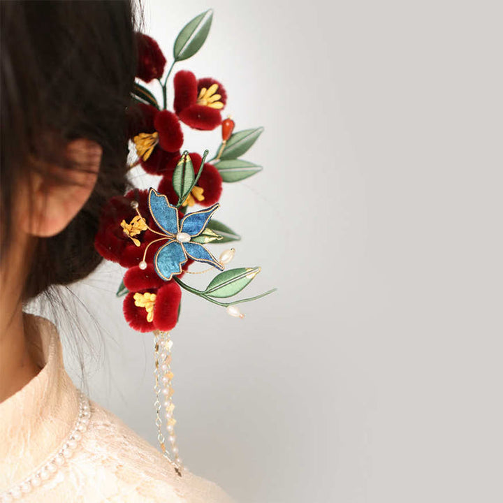 Horquilla para el pelo con diseño clásico chino de Buddha Stones, flor roja, mariposa azul, pasador para el pelo