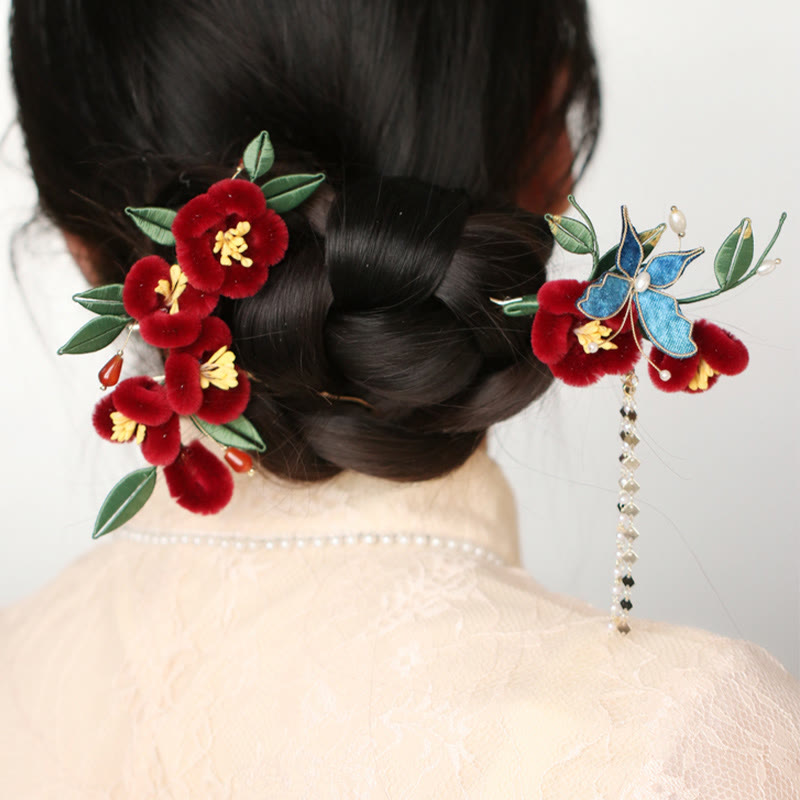 Horquilla para el pelo con diseño clásico chino de Buddha Stones, flor roja, mariposa azul, pasador para el pelo