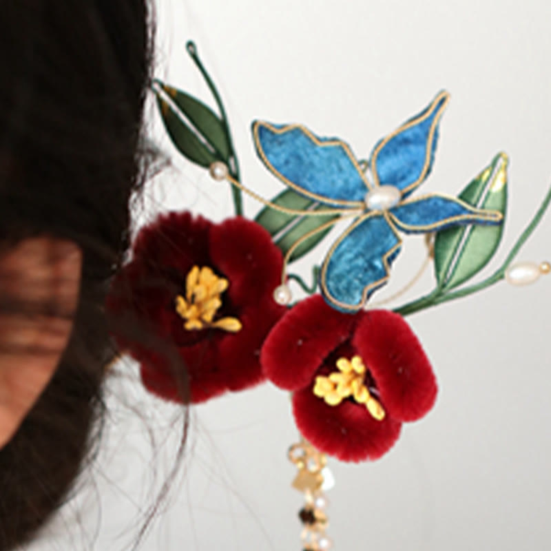 Horquilla para el pelo con diseño clásico chino de Buddha Stones, flor roja, mariposa azul, pasador para el pelo