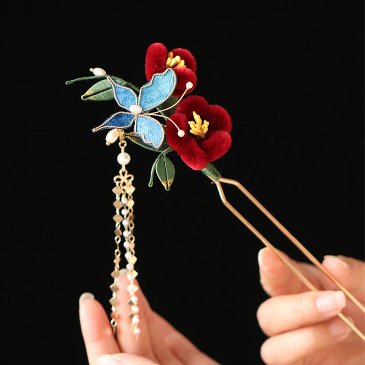 Horquilla para el pelo con diseño clásico chino de Buddha Stones, flor roja, mariposa azul, pasador para el pelo