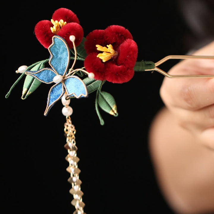 Horquilla para el pelo con diseño clásico chino de Buddha Stones, flor roja, mariposa azul, pasador para el pelo