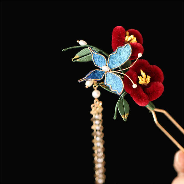 Horquilla para el pelo con diseño clásico chino de Buddha Stones, flor roja, mariposa azul, pasador para el pelo