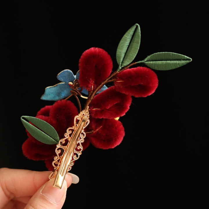 Horquilla para el pelo con diseño clásico chino de Buddha Stones, flor roja, mariposa azul, pasador para el pelo
