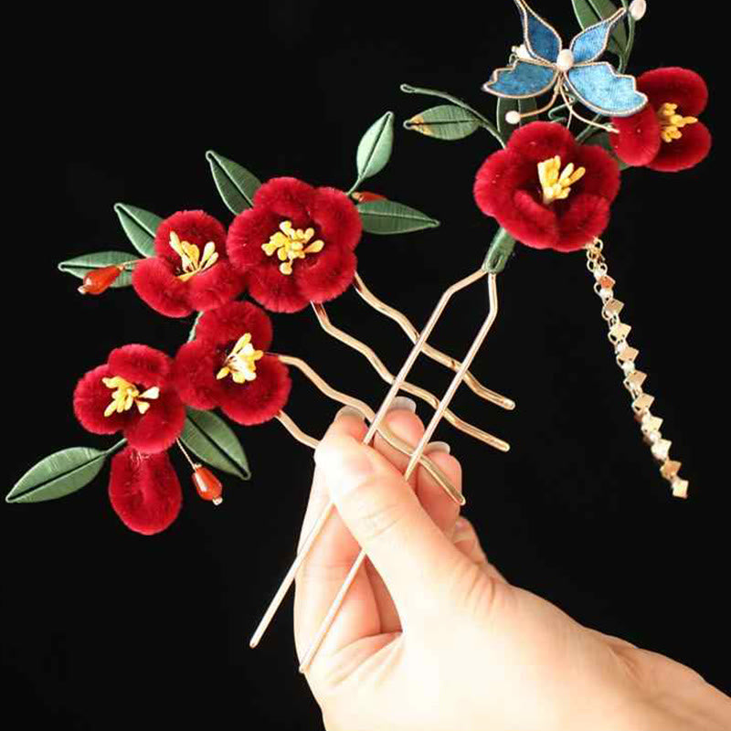 Horquilla para el pelo con diseño clásico chino de Buddha Stones, flor roja, mariposa azul, pasador para el pelo