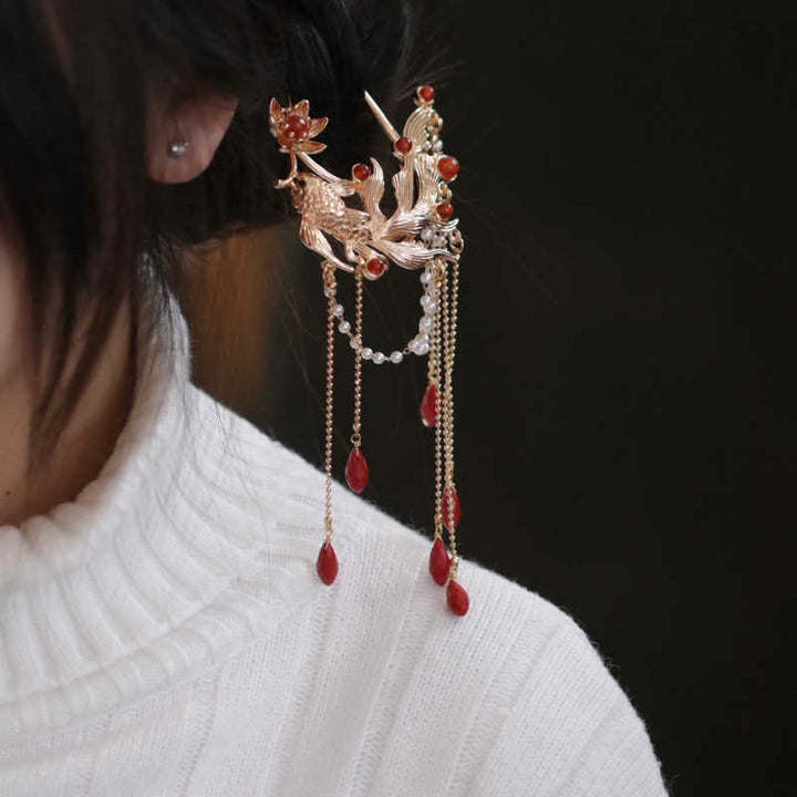 Horquilla para el pelo con borlas de flores de pez koi de estilo chino con Buddha Stones y ágata roja bañada en oro y cobre