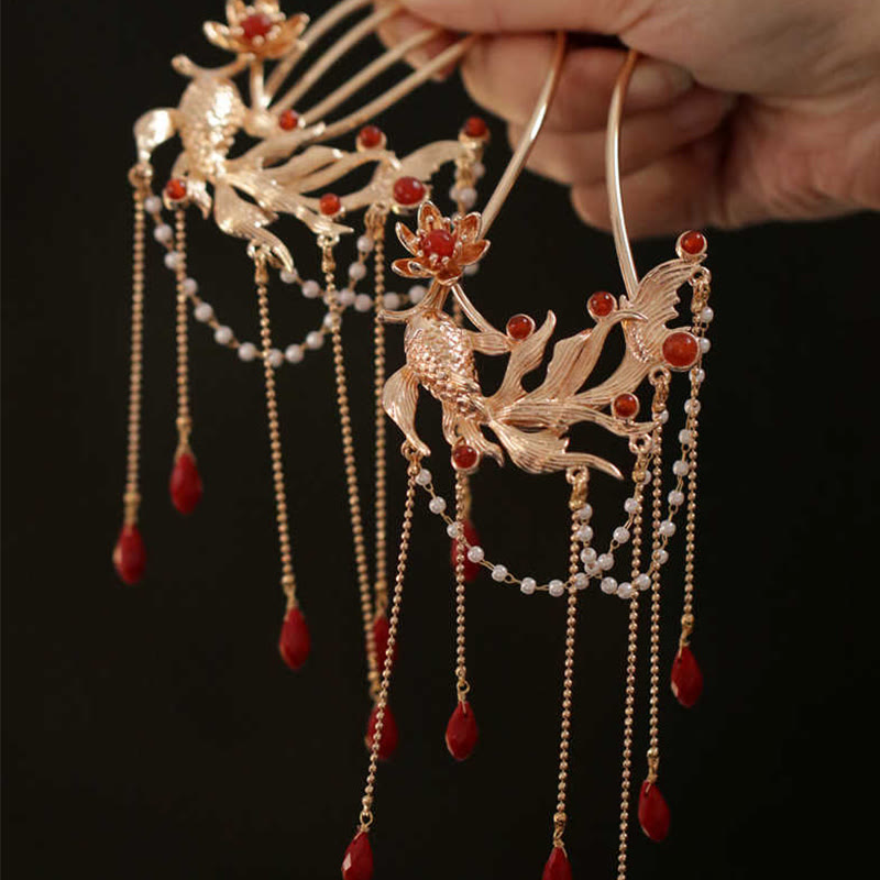 Horquilla para el pelo con borlas de flores de pez koi de estilo chino con Buddha Stones y ágata roja bañada en oro y cobre