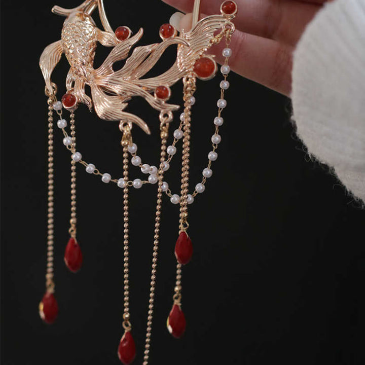 Horquilla para el pelo con borlas de flores de pez koi de estilo chino con Buddha Stones y ágata roja bañada en oro y cobre