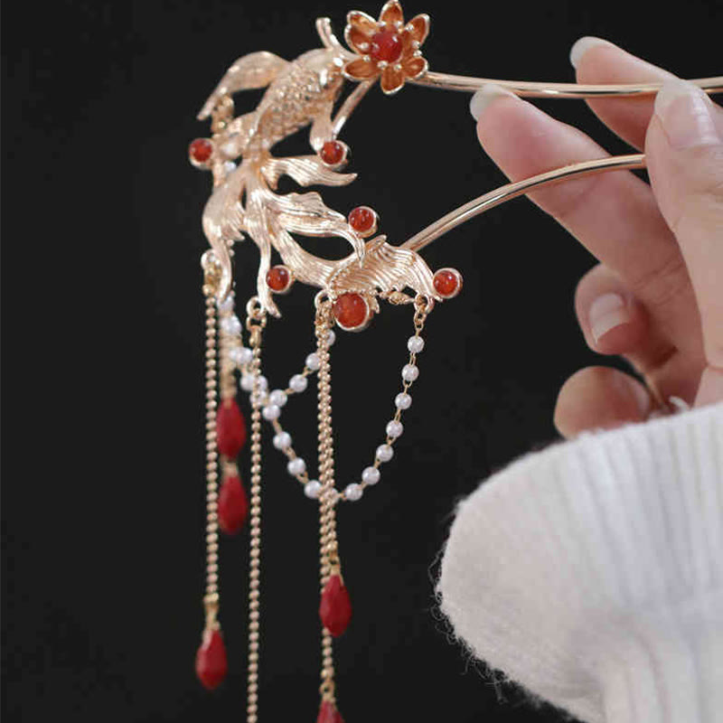 Horquilla para el pelo con borlas de flores de pez koi de estilo chino con Buddha Stones y ágata roja bañada en oro y cobre