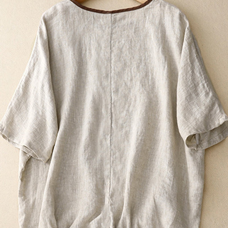 Camiseta de manga corta de algodón y lino con cuello redondo y diseño informal de árbol bordado con Buddha Stones y cordón ajustable para mujer. - image 2
