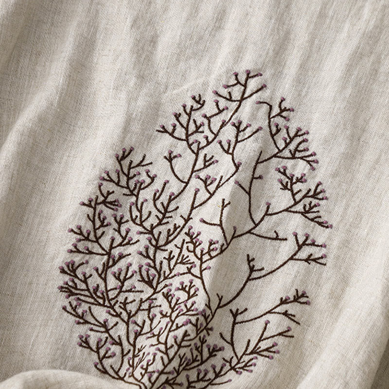 Camiseta de manga corta de algodón y lino con cuello redondo y diseño informal de árbol bordado con Buddha Stones y cordón ajustable para mujer. - image 3