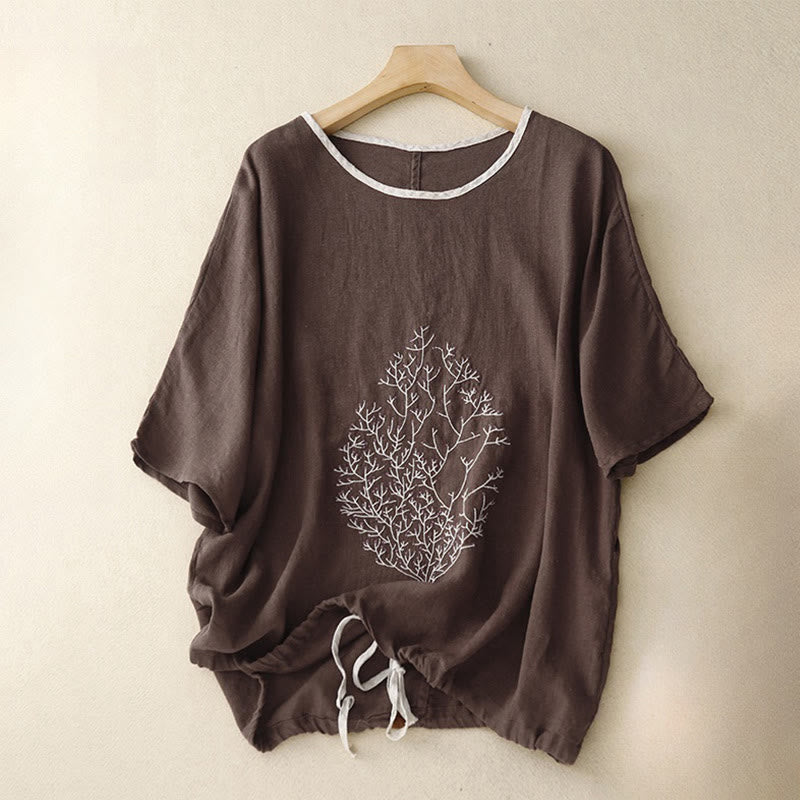 Camiseta de manga corta de algodón y lino con cuello redondo y diseño informal de árbol bordado con Buddha Stones y cordón ajustable para mujer. - Marrón silla de montar - US14，UK/AU18，EU46 (2XL) - image 10