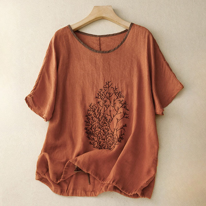 Camiseta de manga corta de algodón y lino con cuello redondo y diseño informal de árbol bordado con Buddha Stones y cordón ajustable para mujer. - Chocolate - US14，UK/AU18，EU46 (2XL) - image 21