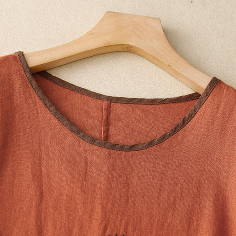 Camiseta de manga corta de algodón y lino con cuello redondo y diseño informal de árbol bordado con Buddha Stones y cordón ajustable para mujer. - image 22