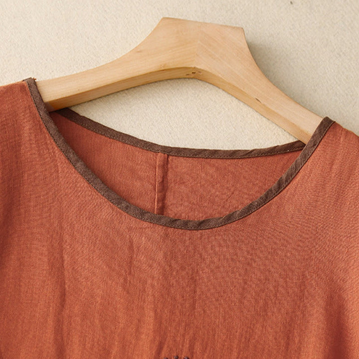 Camiseta de manga corta de algodón y lino con cuello redondo y diseño informal de árbol bordado con Buddha Stones y cordón ajustable para mujer. - image 22