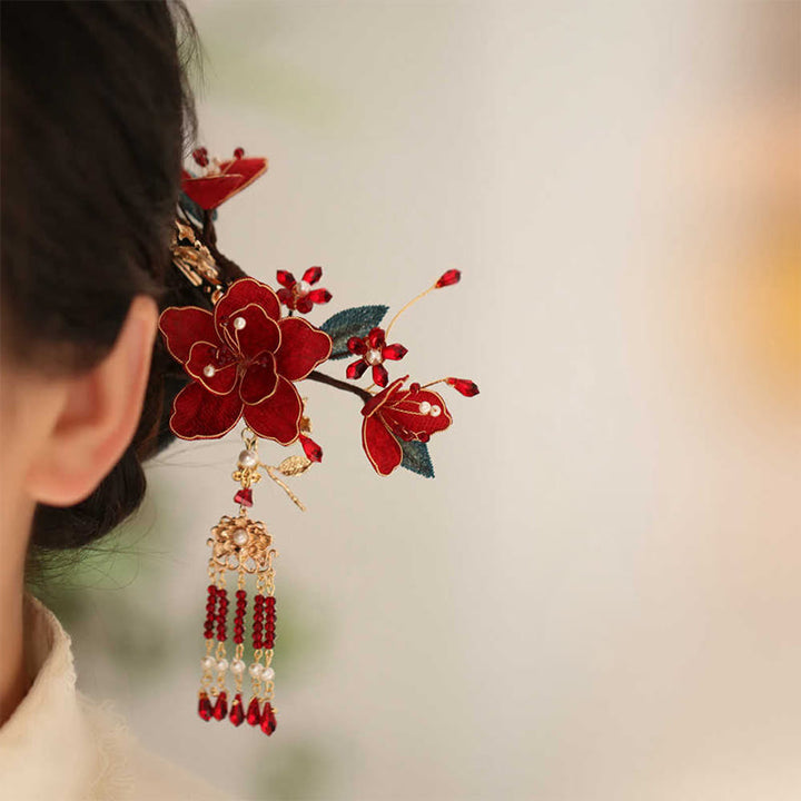 Horquilla para el pelo con borlas de mariposa y flores rojas de estilo chino clásico con Buddha Stones