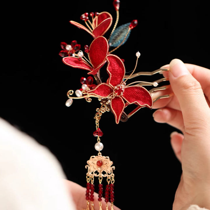 Horquilla para el pelo con borlas de mariposa y flores rojas de estilo chino clásico con Buddha Stones