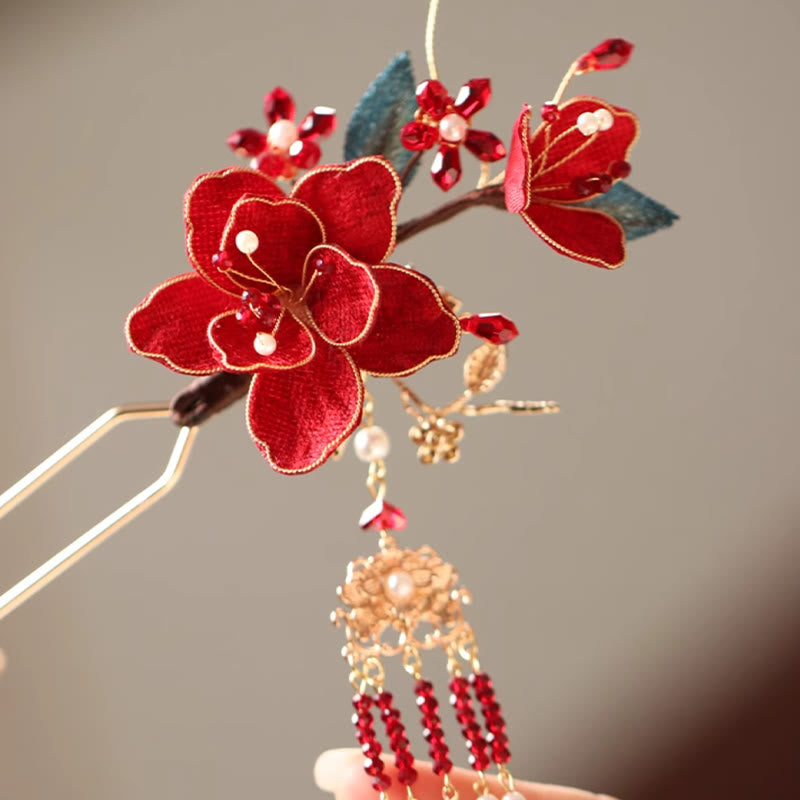 Horquilla para el pelo con borlas de mariposa y flores rojas de estilo chino clásico con Buddha Stones