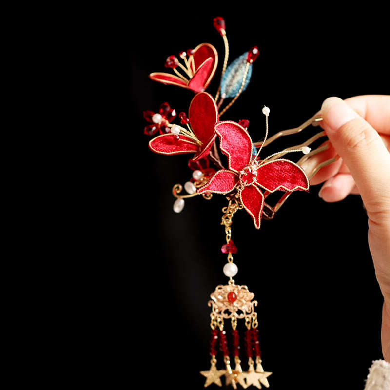 Horquilla para el pelo con borlas de mariposa y flores rojas de estilo chino clásico con Buddha Stones