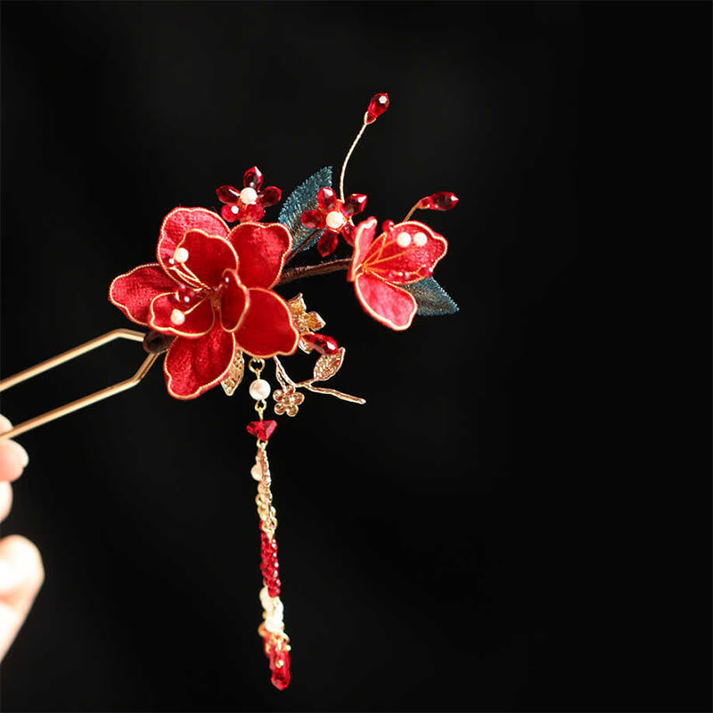 Horquilla para el pelo con borlas de mariposa y flores rojas de estilo chino clásico con Buddha Stones