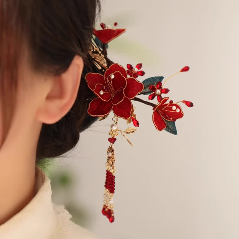 Horquilla para el pelo con borlas de mariposa y flores rojas de estilo chino clásico con Buddha Stones