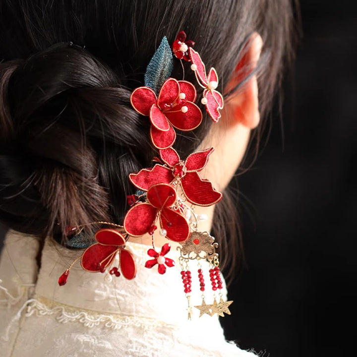 Horquilla para el pelo con borlas de mariposa y flores rojas de estilo chino clásico con Buddha Stones