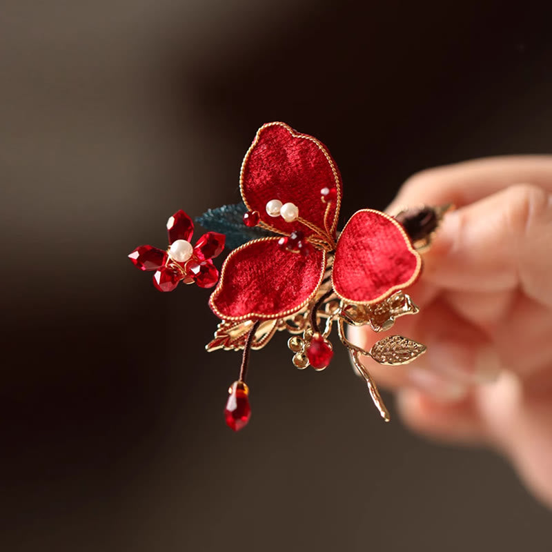 Horquilla para el pelo con borlas de mariposa y flores rojas de estilo chino clásico con Buddha Stones
