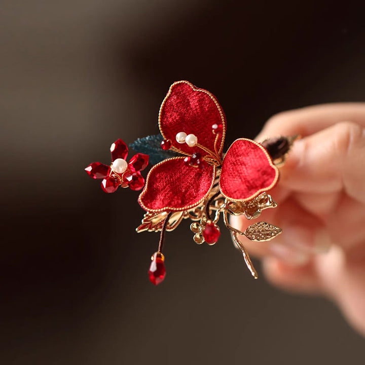 Horquilla para el pelo con borlas de mariposa y flores rojas de estilo chino clásico con Buddha Stones