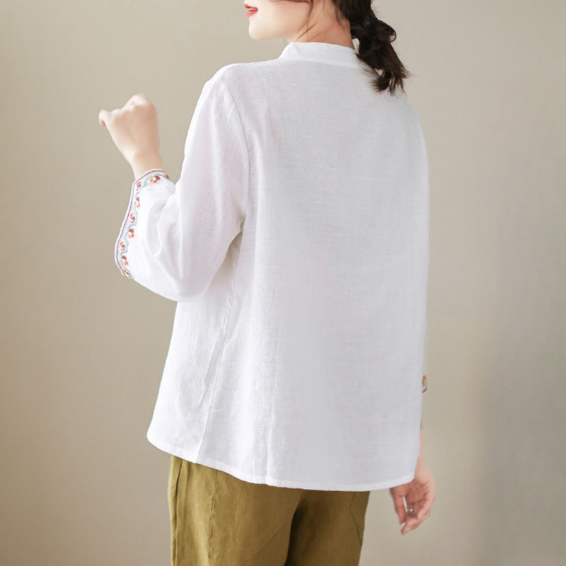 Camisa de lino y algodón con mangas tres cuartos y cuello redondo para mujer con diseño informal de jacquard y botones de rana de Buddha Stones - image 1