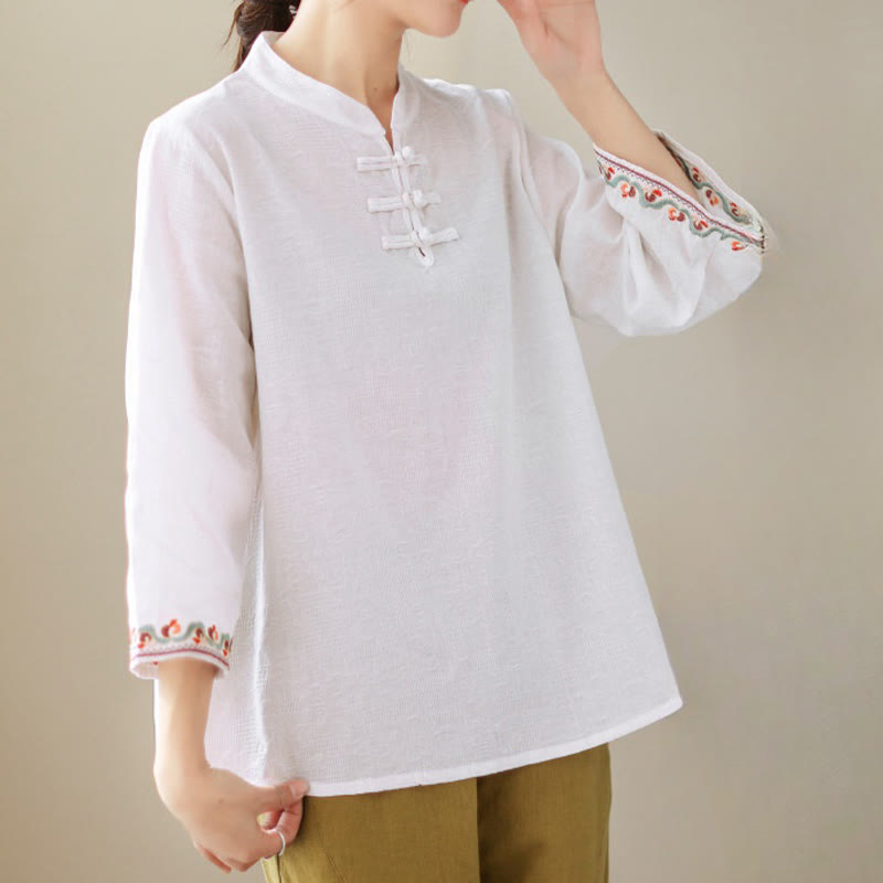 Camisa de lino y algodón con mangas tres cuartos y cuello redondo para mujer con diseño informal de jacquard y botones de rana de Buddha Stones - image 9