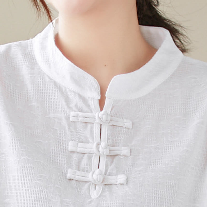 Camisa de lino y algodón con mangas tres cuartos y cuello redondo para mujer con diseño informal de jacquard y botones de rana de Buddha Stones - image 5
