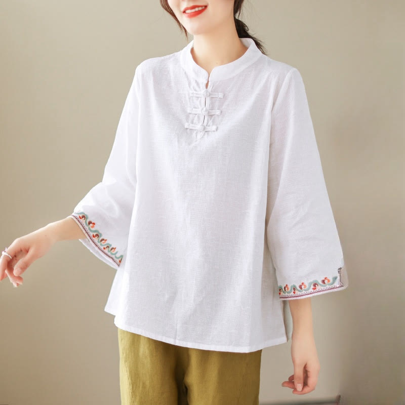 Camisa de lino y algodón con mangas tres cuartos y cuello redondo para mujer con diseño informal de jacquard y botones de rana de Buddha Stones - Blanco - US8-10，UK/AU12-14，EU40-42 (2XL) - image 0