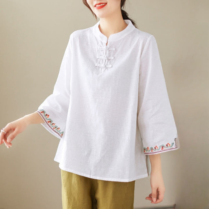 Camisa de lino y algodón con mangas tres cuartos y cuello redondo para mujer con diseño informal de jacquard y botones de rana de Buddha Stones - Blanco - US8-10，UK/AU12-14，EU40-42 (2XL) - image 0