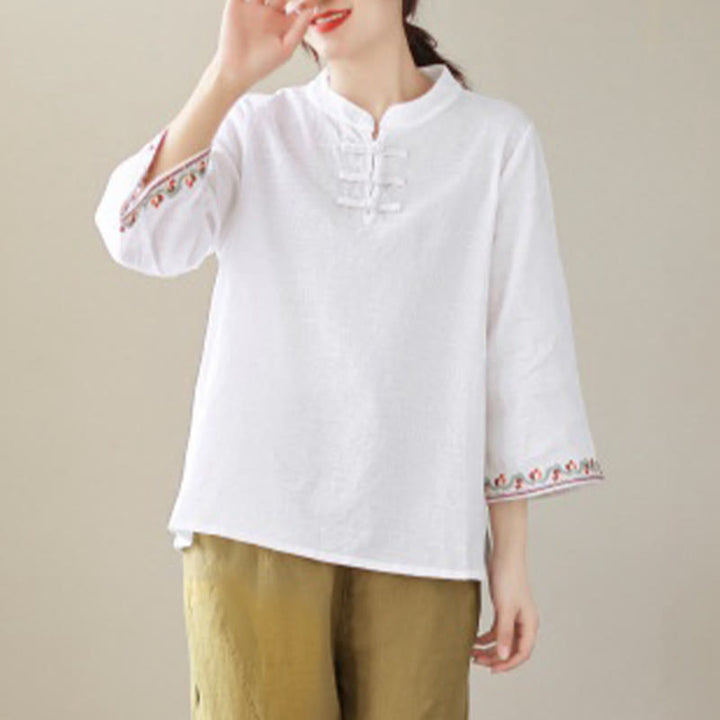 Camisa de lino y algodón con mangas tres cuartos y cuello redondo para mujer con diseño informal de jacquard y botones de rana de Buddha Stones - image 8