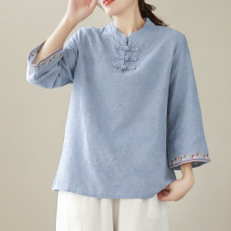 Camisa de lino y algodón con mangas tres cuartos y cuello redondo para mujer con diseño informal de jacquard y botones de rana de Buddha Stones - image 16