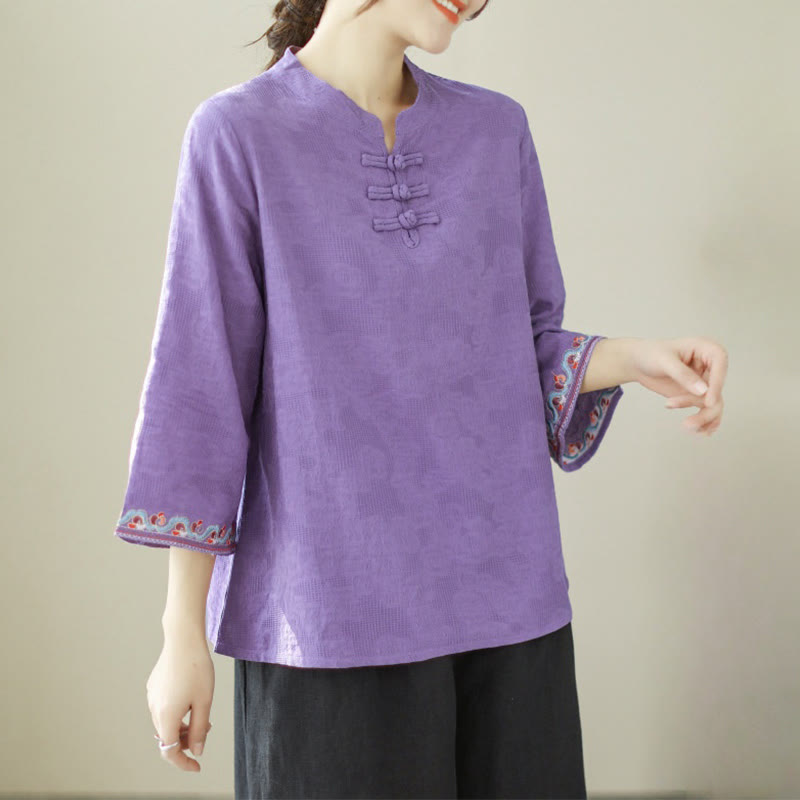 Camisa de lino y algodón con mangas tres cuartos y cuello redondo para mujer con diseño informal de jacquard y botones de rana de Buddha Stones - Violeta azul - US8-10，UK/AU12-14，EU40-42 (2XL) - image 20