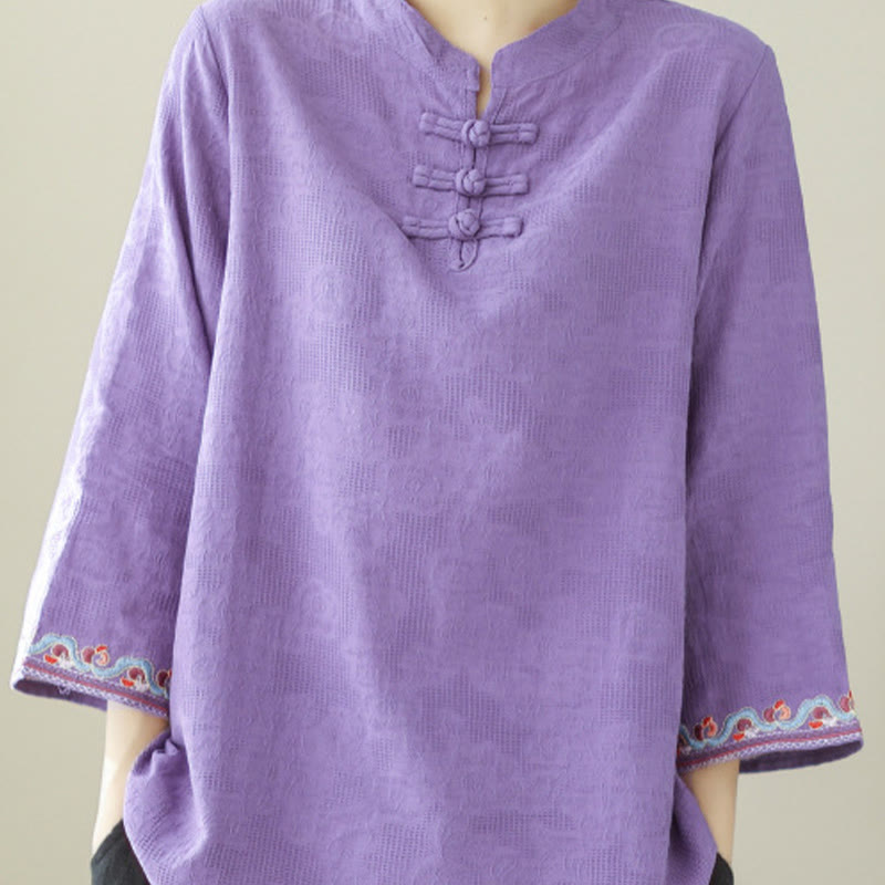 Camisa de lino y algodón con mangas tres cuartos y cuello redondo para mujer con diseño informal de jacquard y botones de rana de Buddha Stones - image 26