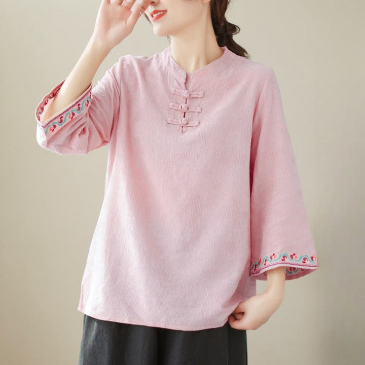 Camisa de lino y algodón con mangas tres cuartos y cuello redondo para mujer con diseño informal de jacquard y botones de rana de Buddha Stones - Rosa - US8-10，UK/AU12-14，EU40-42 (2XL) - image 27