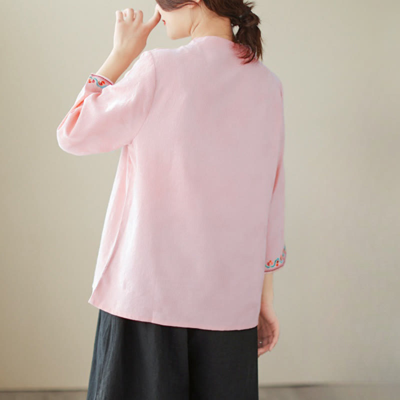 Camisa de lino y algodón con mangas tres cuartos y cuello redondo para mujer con diseño informal de jacquard y botones de rana de Buddha Stones - image 29