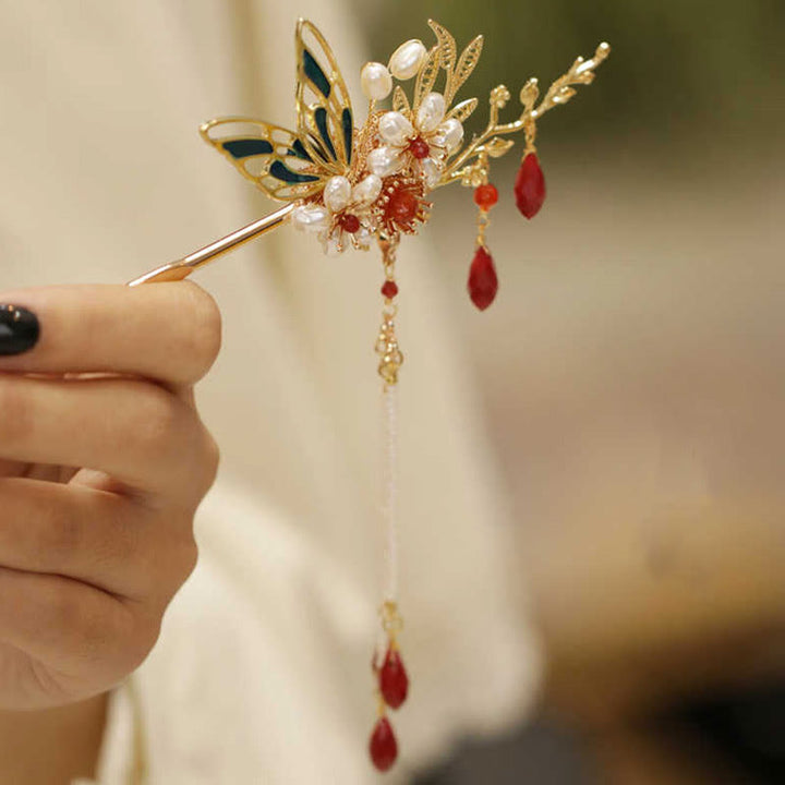Horquilla para el pelo con forma de flor de estilo chino clásico con forma de mariposa y borlas de perlas y piedras de Buddha Stones
